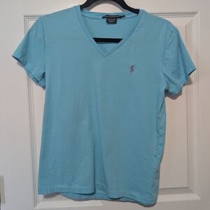 Women's Turquoise Polo Sport Shirt Vneck Sz Medium Purple Logo